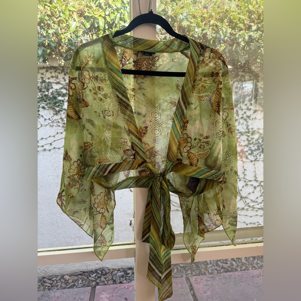 Vintage Y2K Mixit Crop Tie Front Flowy Asymmetrical Sleeve Floral Fairycore Top - Picture 8 of 11